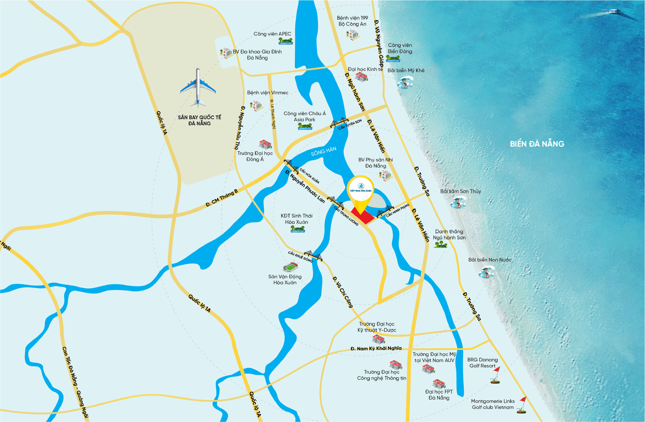 Tổ hợp Sun Riverpolis - Vị trí: Căn hộ Sun Riverpolis nằm ngay tại trung tâm thành phố, đối diện công viên Cầu Đà và cách sông Hàn nhỏ chỉ 200m. Đây là vị trí đắc địa mang lại không gian sống trong lành và an ninh tuyệt đối cho cư dân.